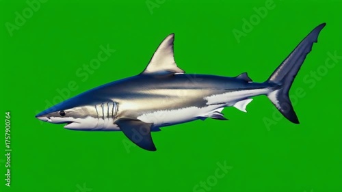 Shark swimming sideways against a green screen background with visible teeth and fins in view green screen animal video