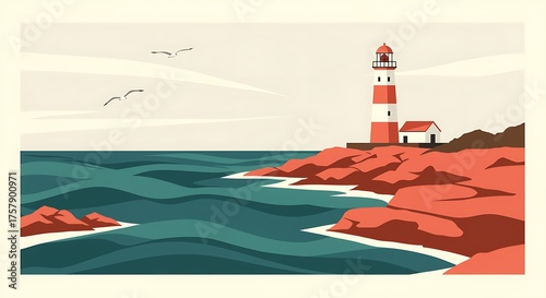 Coastal lighthouse red rocks ocean waves image