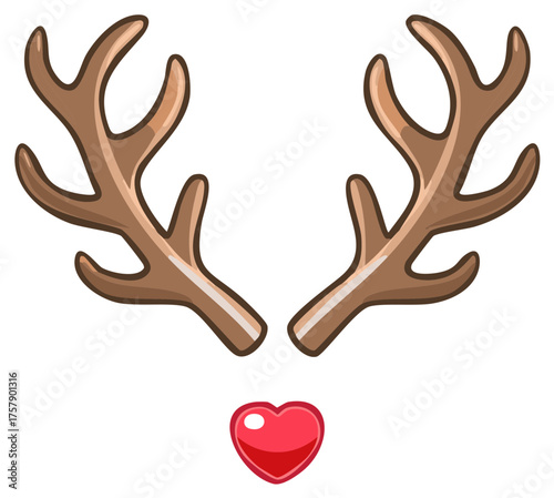 Festive Reindeer Antlers and Bright Red Shiny Nose Christmas Holiday Illustration