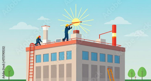 The blue urban sky is towered over by an old industrial power plant with a smokey chimney structure