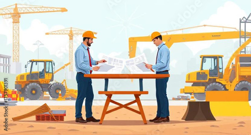 Hard-hatted construction workers are smiling at the site, showcasing industry safety while building a new business building