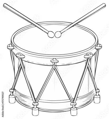 Musical instrument drum with drumsticks isolated on white backdrop