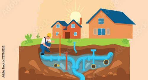 A whimsical illustration of a house or cottage resting by the sea or river, featuring a boat and lush landscape with trees under the summer sky