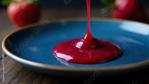 Ceramic Plate with Dripping Red Berry Coulis and Garnish Close up macro shot of a deep blue ceramic plate with artfully dripped, vibrant red berry coulis creating a dynamic pattern. A single, delicate
