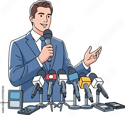 public figure communicates key message, engaging journalists and influencing discourse
