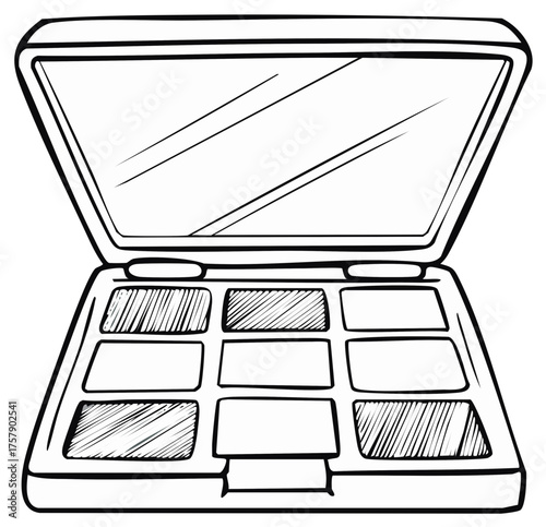 Open makeup palette illustration with mirror and eyeshadows outline sketch