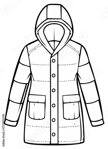 Outline Illustration of Winter Coat with Hood and Pockets Fashion Flat Sketch