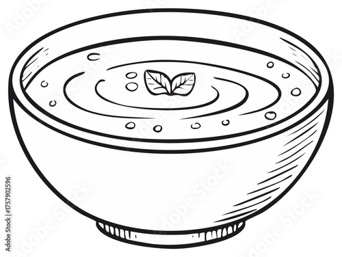 Hand drawn black and white cartoon illustration of a bowl of creamy soup or stew with a fresh herb garnish