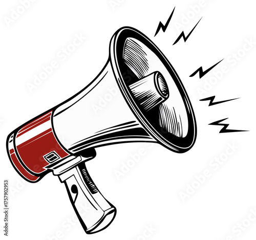 Retro megaphone with sound waves illustration, vintage announcement device emitting loud noise