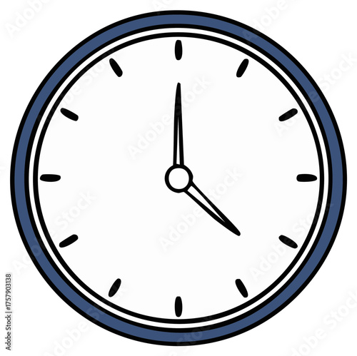 Simple Classic Round Wall Clock Face with Blue Rim and Black Hands Indicating Time