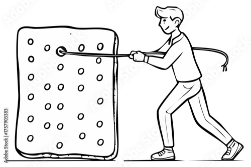 Man Pulling a Large Rectangular Object with a Rope Through a Hole