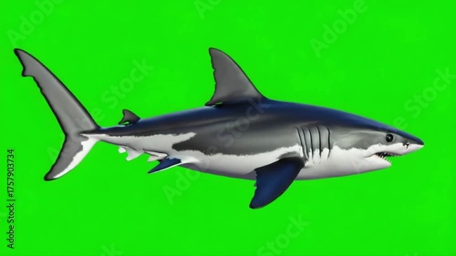 Animated great white shark swimming across a bright green screen for chroma key compositing use green screen animal video