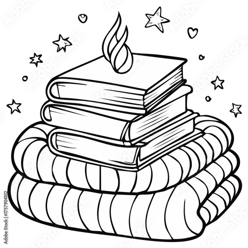 Hand drawn stack of books on soft blankets with a whimsical flame and decorative stars and hearts