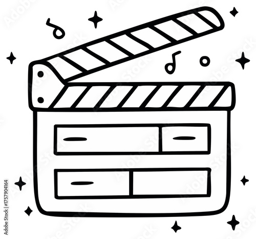 Hand drawn movie clapper board with musical notes and sparkles