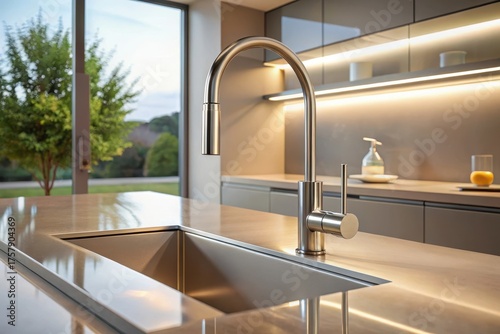 Modern kitchen design featuring a sleek, brushed-metal faucet above a built-in sink and illuminated cabinetry