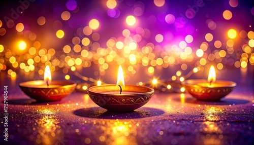 Diwali Lights Traditional Oil Lamps with Festive Bokeh Background