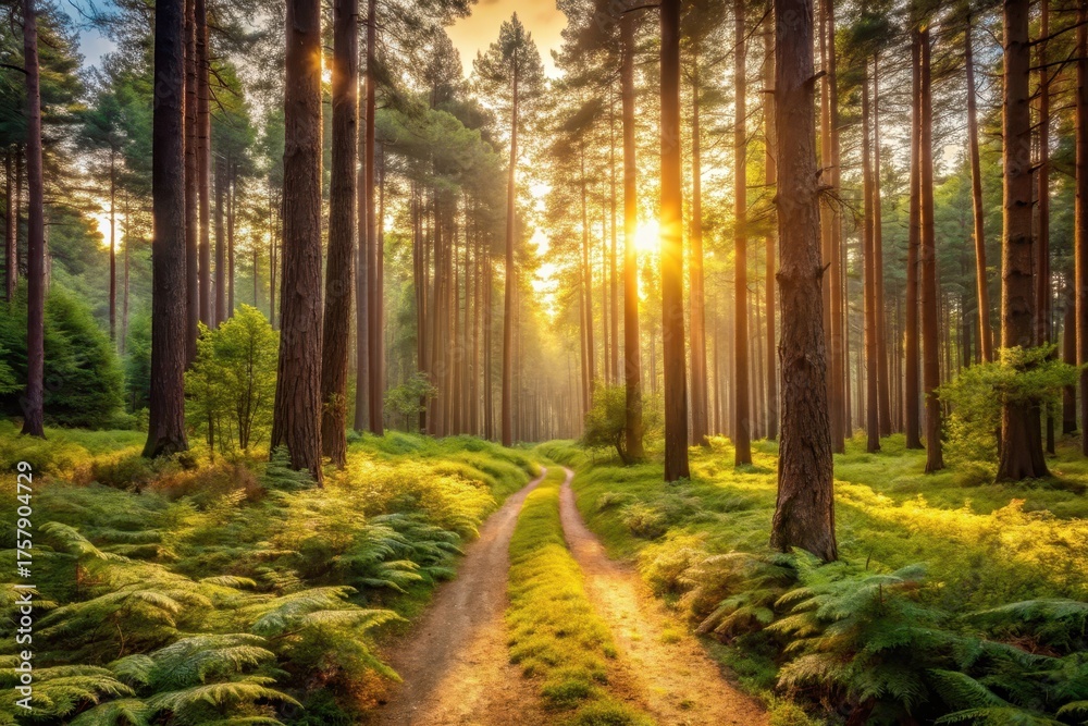 Obraz premium Golden Hour Pathway Through a Sun-Dappled Forest with Lush Green Undergrowth and Tall Trees