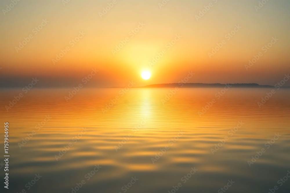 Fototapeta premium Golden Sunset Over Calm Water, Reflecting Sunlight and Silhouette of Distant Land