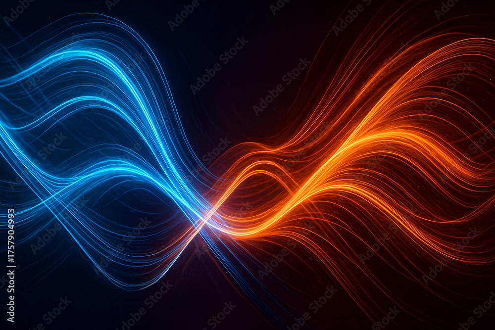 Fototapeta premium Abstract glowing blue and orange light trails intertwining on dark background, representing fast internet, data flow, and futuristic digital communication concept.