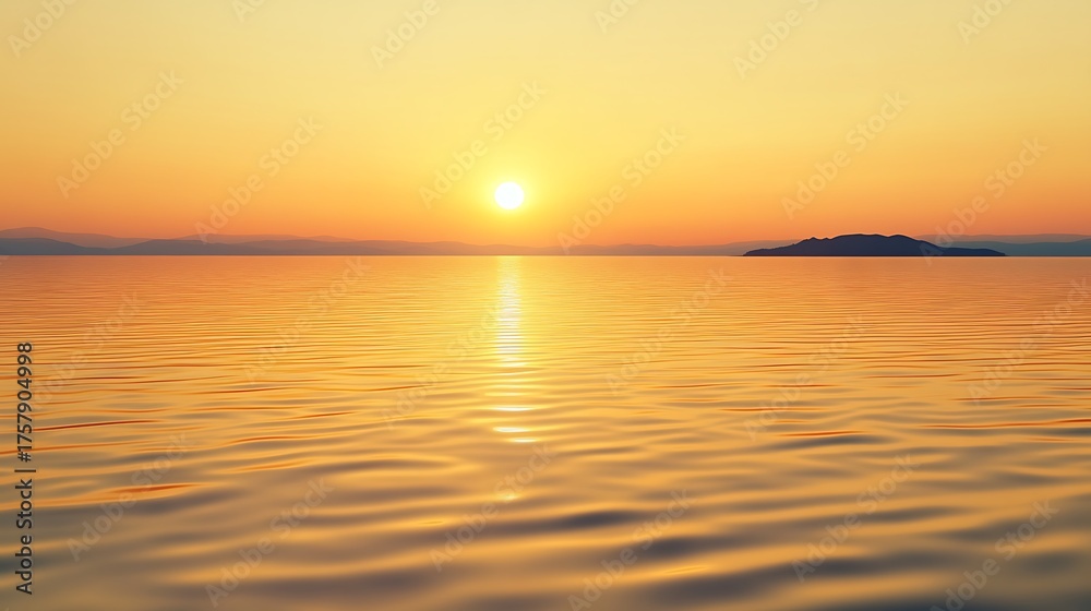 Fototapeta premium Golden Sunset Reflection on Calm Sea with Distant Mountains and Small Island