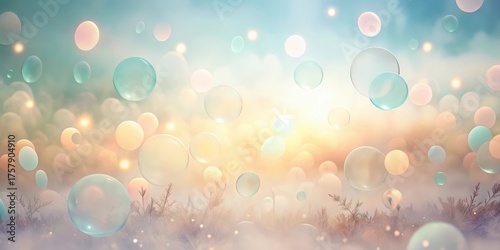 Dreamlike spheres float gently over a soft, hazy landscape, creating an ethereal and peaceful scene.