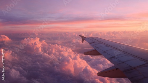 View from airplane window above the clouds during sunrise, pastel sky and soft horizon colors creating an inspiring and peaceful travel editorial photograph