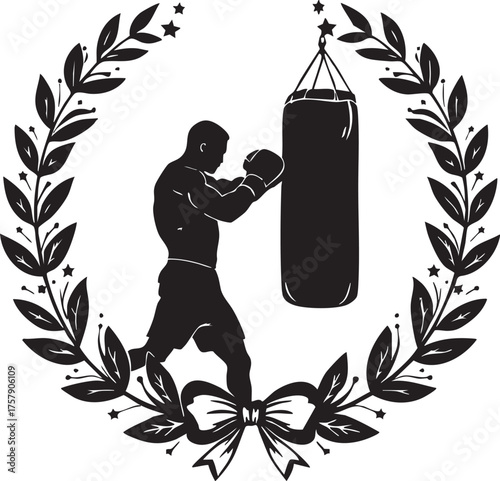 Boxer training vector—black-and-white silhouette of punching bag workout with laurel wreath for strength and achievement themes
