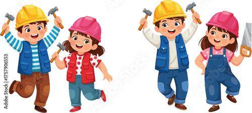 Children construction play, kids in hard hats, teamwork activity, building tools, imaginative roleplay, safety gear, hammer, saw, learning professions, fun