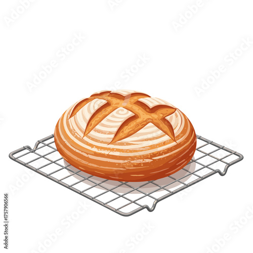Artisanal sourdough bread loaf on cooling rack illustration