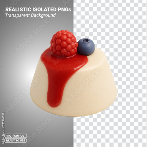 3D panna cotta dessert with raspberry sauce and blueberry topping isolated image. Transparent PNG file ready to be used.