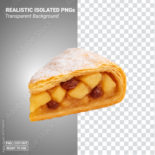 3D apple strudel dessert slice with raisins and powdered sugar icon isolated image. Transparent PNG file ready to be used.
