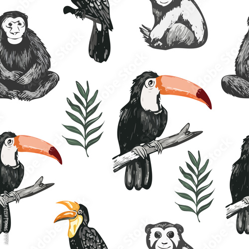 Seamless pattern of rainforest animals, featuring charming toucans, chimpanzees, hornbills, and botanical elements in a sketch style. 