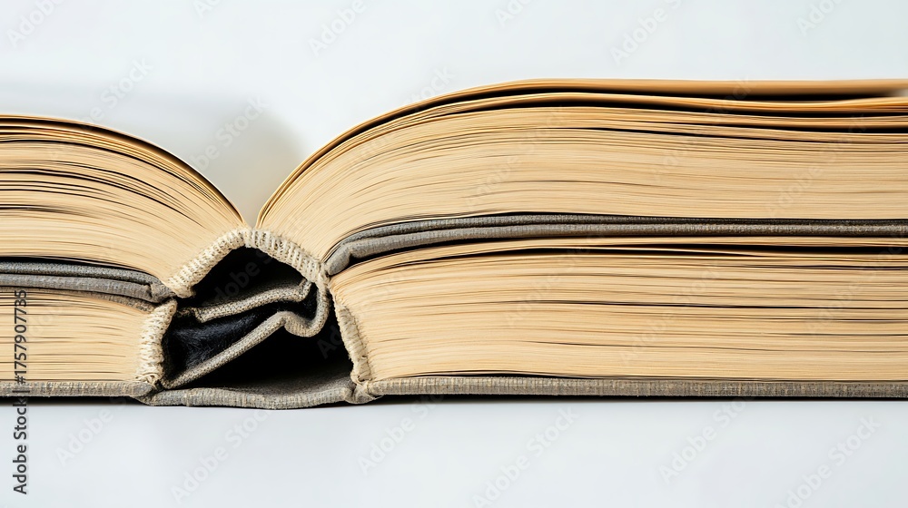 Fototapeta premium Open Book Closeup Showing Aged Paper Pages, Spine, and Binding Detail on White