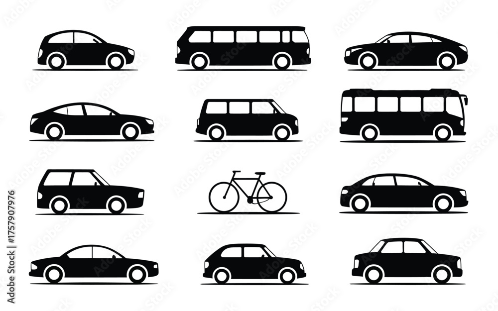 Obraz premium Vector art of various vehicle silhouette vector illustration