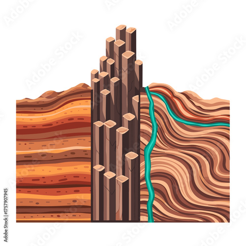 Geological cross-section with columnar basalt and soil layers