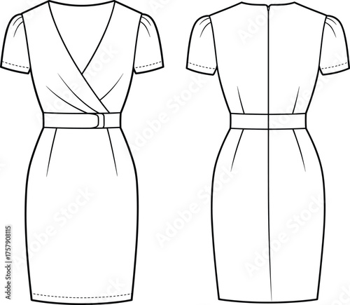 Fashion illustration, technical dress sketch, wrap bodice design, V-neckline, short sleeve garment, belt detail, front and back view, vector template