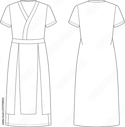 Fashion illustration, technical dress sketch, wrap bodice design, layered hemline, short sleeve garment, vector template, front and back view