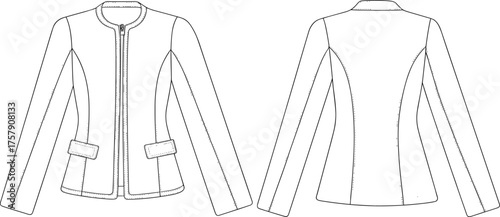 Fashion illustration, technical jacket sketch, tailored women’s outerwear, round neckline design, front zipper closure, vector template, front and back view