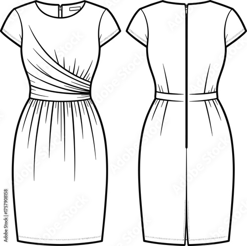 Technical fashion sketch, asymmetrical pleated dress, short sleeves, round neckline, fitted bodice, zipper closure, garment illustration, apparel vector