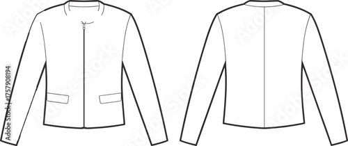 Technical fashion sketch, front and back jacket view, round neckline, zipper closure, curved hem, garment design, apparel illustration, vector