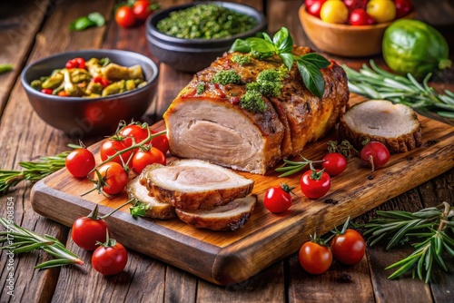 Roasted Pork Loin with Herb Garnish and Sliced for Serving, Accompanied by Cherry Tomatoes and Various Side Dishes on a Rustic Wooden Board