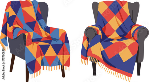 Colorful patterned blankets draped over modern armchairs in vector style  