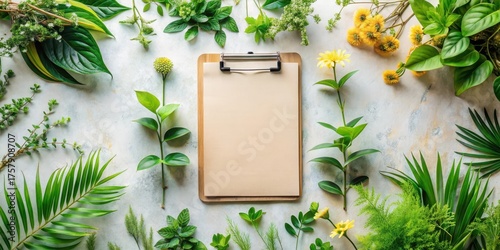 Blank Clipboard Surrounded by Lush Greenery and Vibrant Yellow Flowers, Ideal for Botanical-Themed Designs and Nature-Inspired Projects