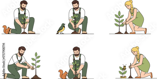 Tree Planting and Nurturing Sequence Featuring Man and Woman with Animals Demonstrating Environmental Care, Growth, and Nature Interaction in Vector Style