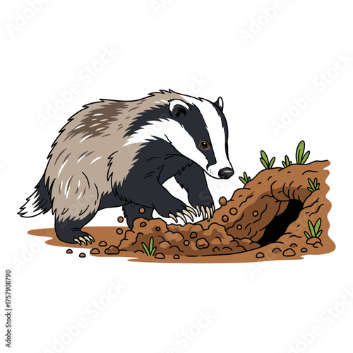 Badger digging a hole cartoon illustration
