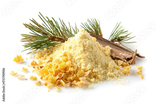 Pine Pollen Powder with Evergreen Needle and Bark Piece on White Background