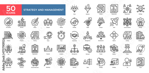 Strategy And Management collection set. Value,Analysis,Organization,Strategy,Communication,Target,Development, icon. Simple outline vector illustration