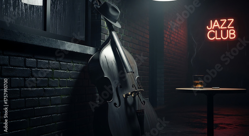 A jazz club scene featuring a bass guitar, hat, drink, and a jazz club neon sign in dark lighting