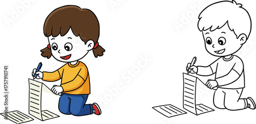Vector illustration of a happy child writing or drawing on a long paper sheet. Includes colorful and black-and-white versions. Perfect for education, creativity, love letters, or art activity themes.
