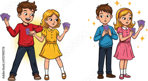 Children playing card game, boy and girl interaction, emotional expressions, fun activity, childhood bonding, indoor game, learning through play